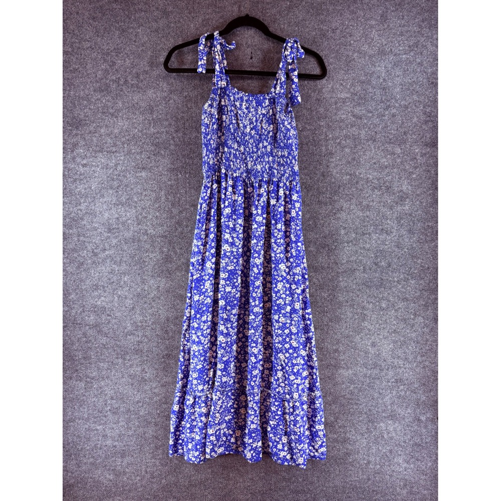 Tobrief Blue Floral Smocked Maxi Dress Tie Shoulder Ruffle Hem Womens Small